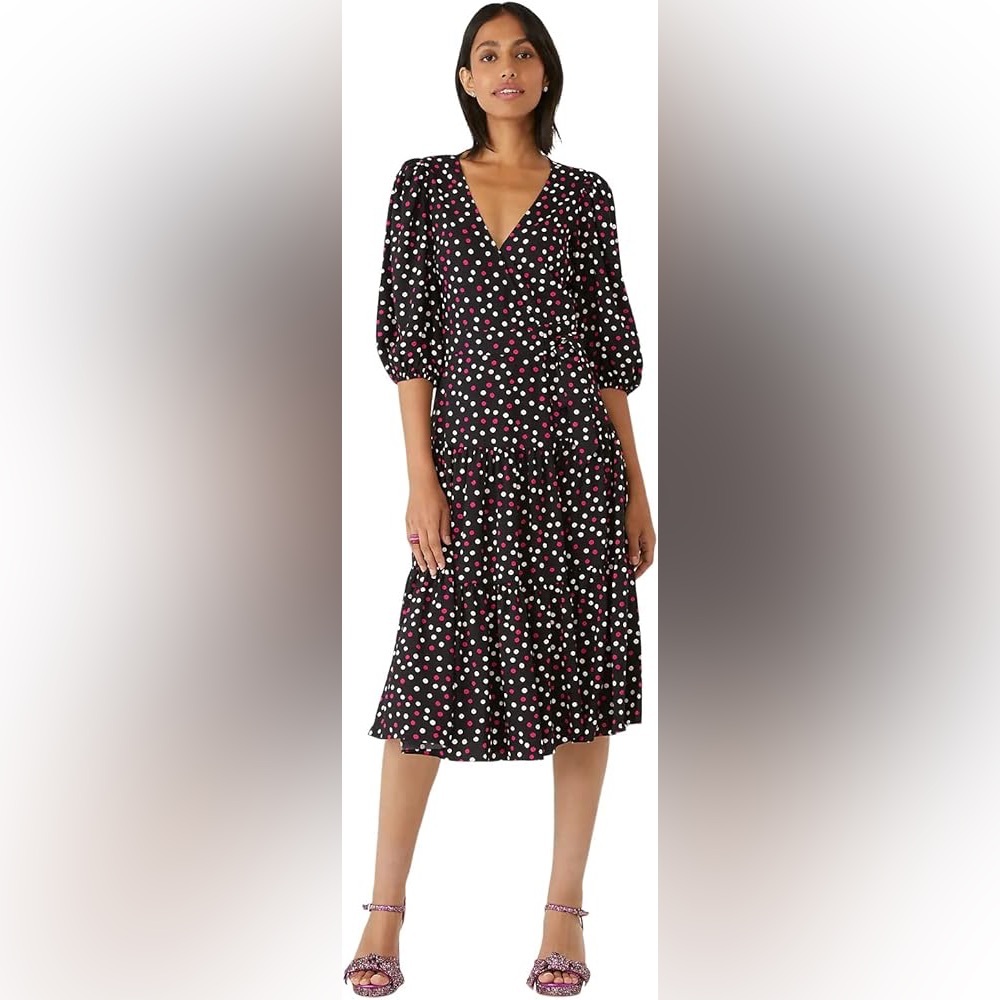 Kate Spade Glimmer Dot Wrap Dress Black Multi Size Medium FLAWED Designer S0767